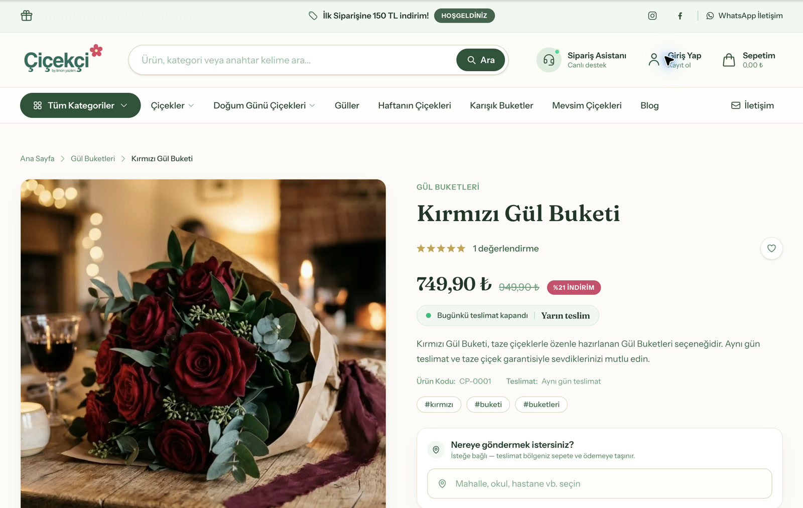 ÇiçekçiPro gerçek ürün detay ve teslimat ekranı